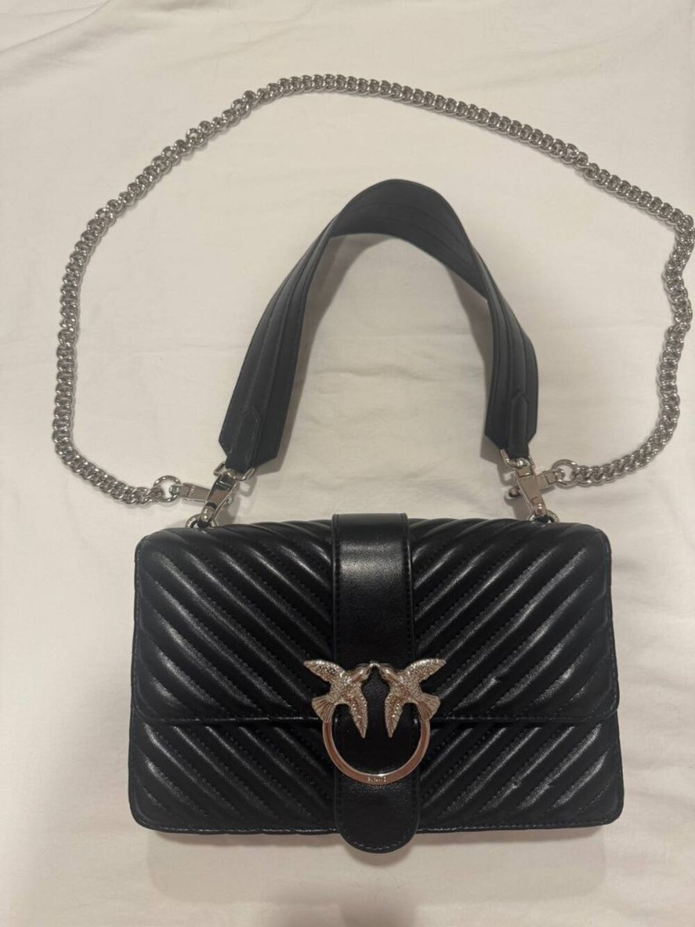 Pinko Love Classic Icon Chevron Quilted Black Leather Shoulder Bag Silver Birds